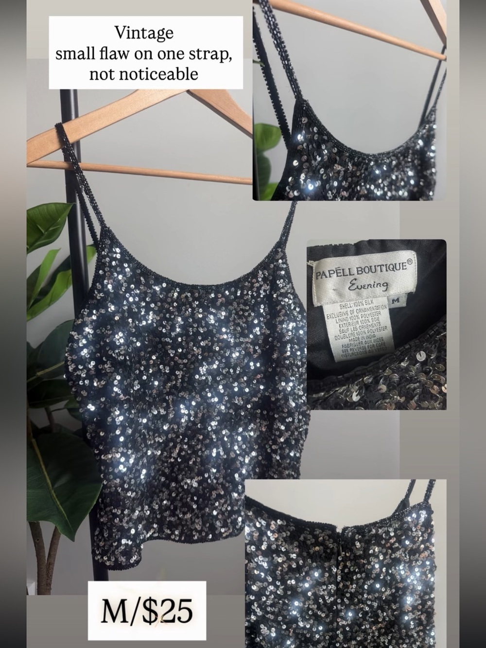 Papell Boutique Black Silver Sequin Camisole Tank